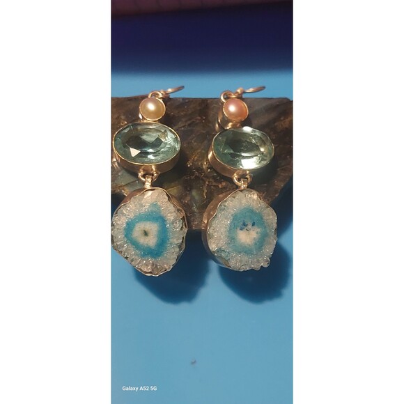 Blue druzy agate? Earrings with blue glass and faux pearl silver plated - Picture 5 of 9